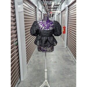 Topshop NWT Size 12 Black Sheer Peplum Crop Top with Puffed Sleeves Open Back